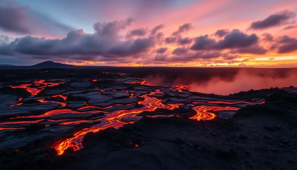Image of a lava flow at sunset on the Big Island