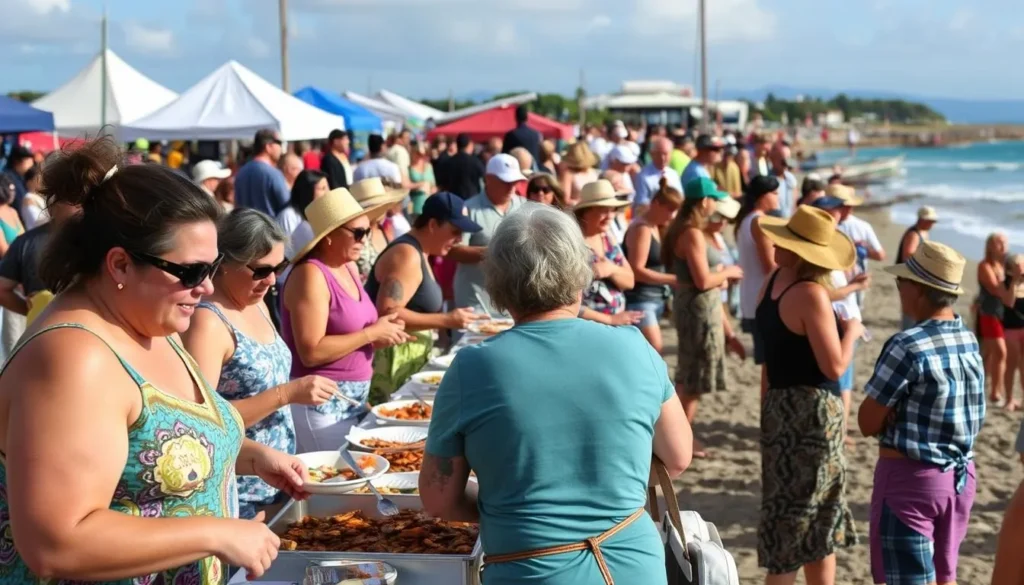 Image of a lively Island Fish Fry event on Norfolk Island with locals and visitors enjoying seafood and cultural performances.