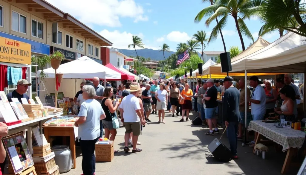 Image of a lively Lanai Fifth Friday Town Party with local food, crafts, and live music