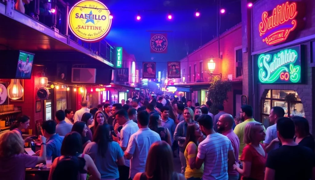 Image of a lively Saltillo nightlife scene with people enjoying themselves at a downtown bar