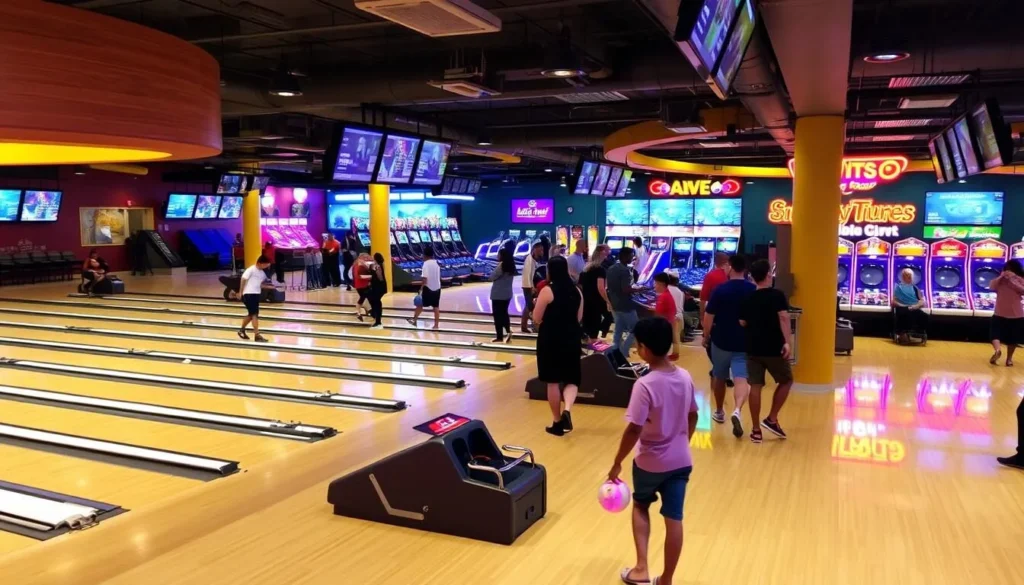 Image of a lively entertainment venue with bowling lanes and arcade games