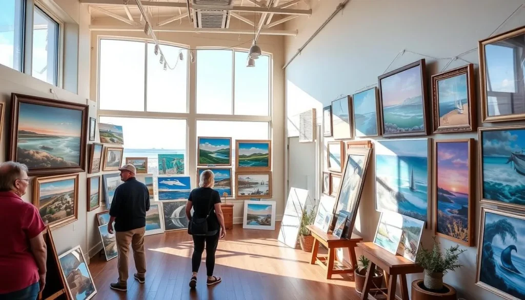 Image of a local art gallery in Yachats, Oregon, featuring a collection of coastal-inspired artwork.