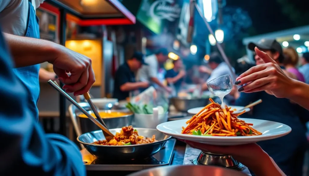 Image of a local dish being prepared or served during the food tour at night