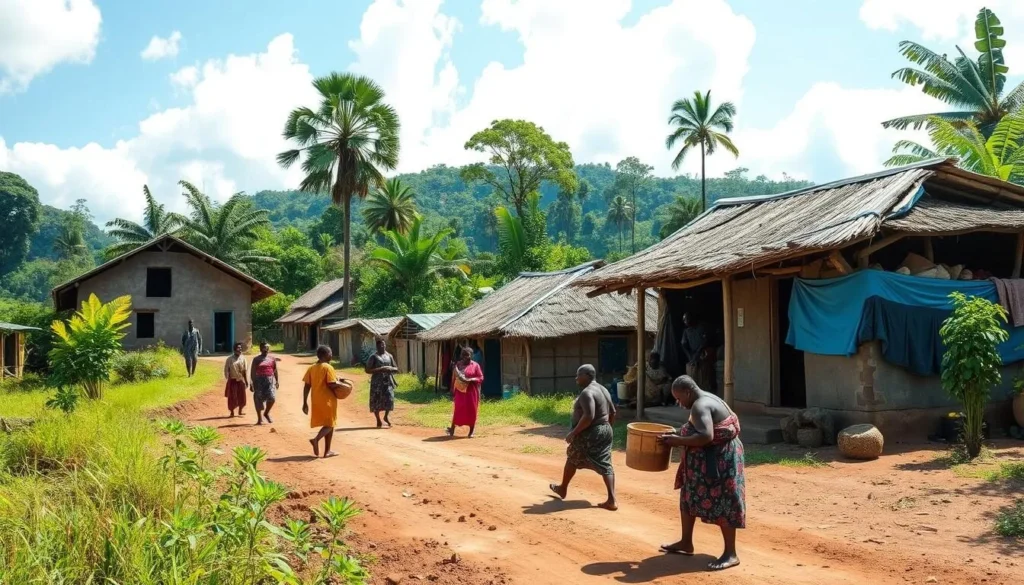 Image of a local village around Virunga National Park with Congolese people engaging in daily activities.