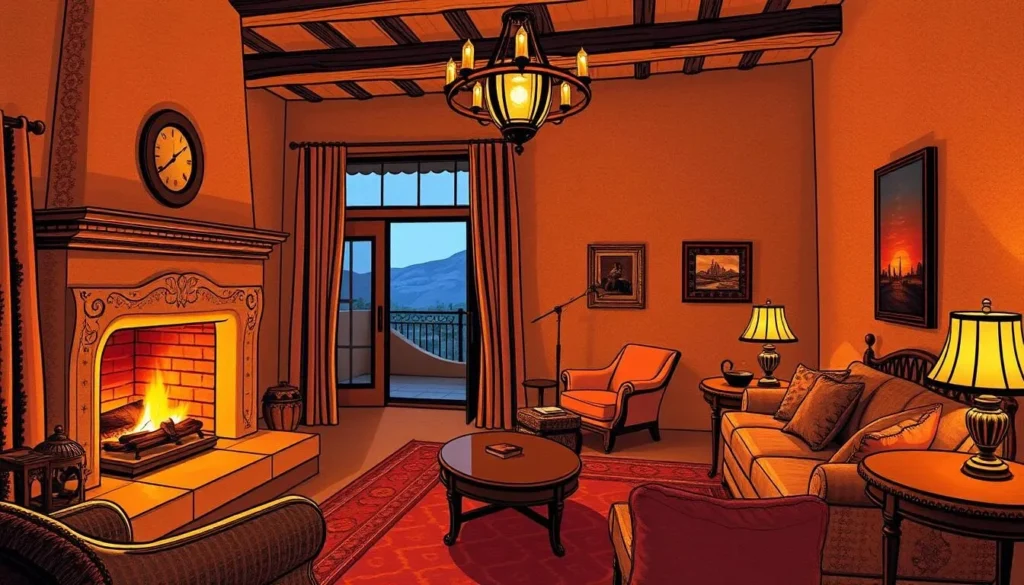 Image of a luxurious adobe-style hotel room in Santa Fe with a wood-burning fireplace