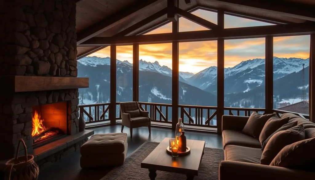 Image of a luxurious chalet in Gstaad with a fireplace and mountain views