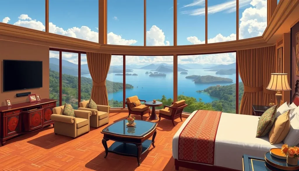 Image of a luxurious hotel room in Bukavu with a view of Lake Kivu