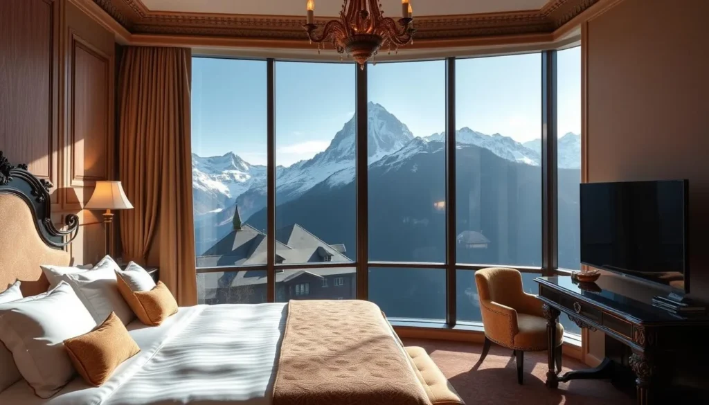 Image of a luxurious hotel room in Grindelwald with a view of the Eiger North Face