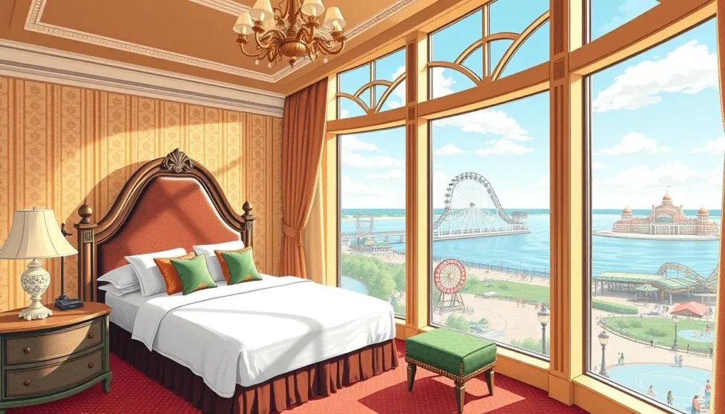 Image of a luxurious hotel room in Sandusky with a view of Cedar Point