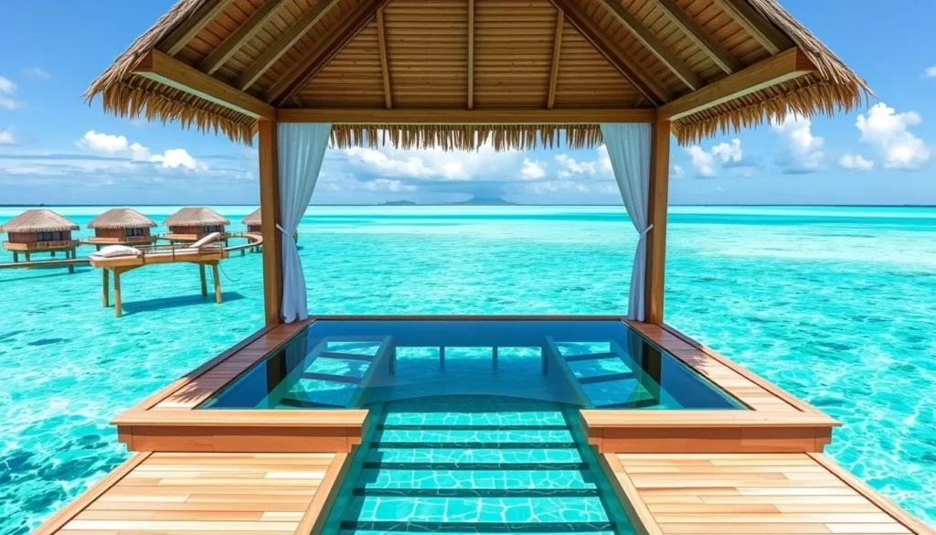 Image of a luxurious overwater bungalow in Bora Bora with a glass floor panel and steps leading into the turquoise lagoon