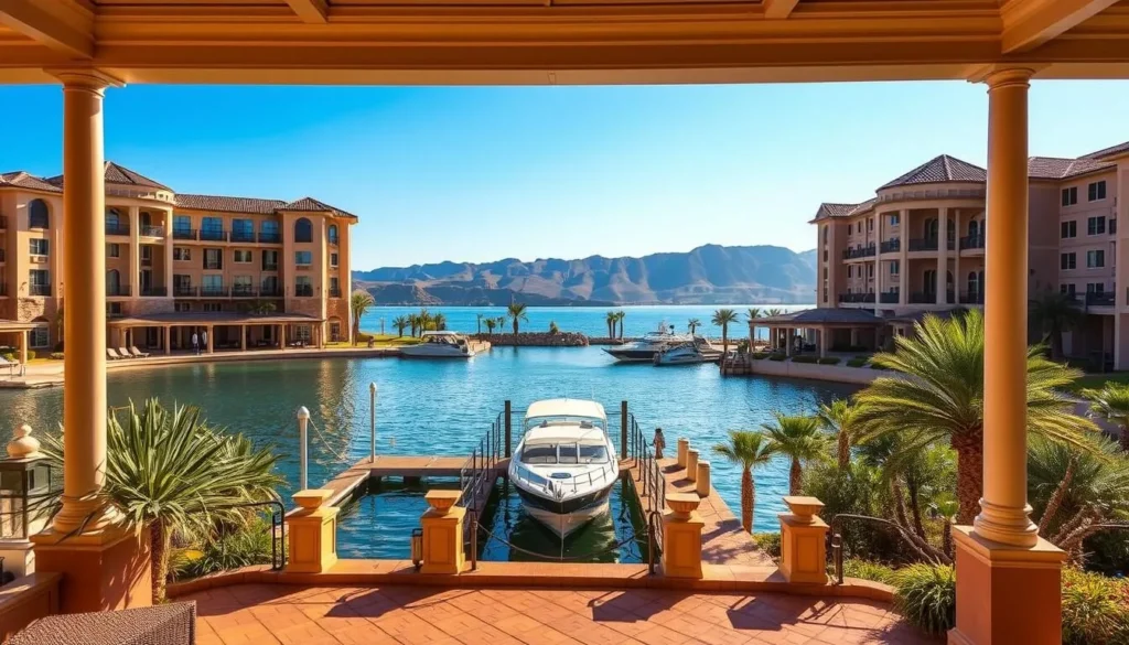 Image of a luxurious waterfront hotel in Lake Havasu with a private boat dock.