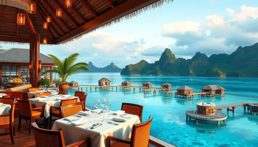 Image of a luxury restaurant with a lagoon view in Bora Bora