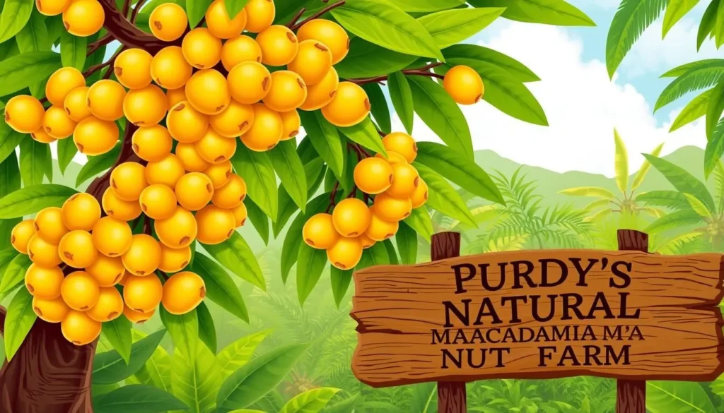 Image of a macadamia nut tree with ripe nuts, and a sign indicating Purdy's Natural Macadamia Nut Farm