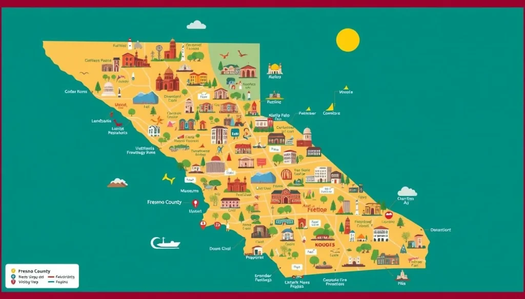 Image of a map highlighting cultural attractions in Fresno County