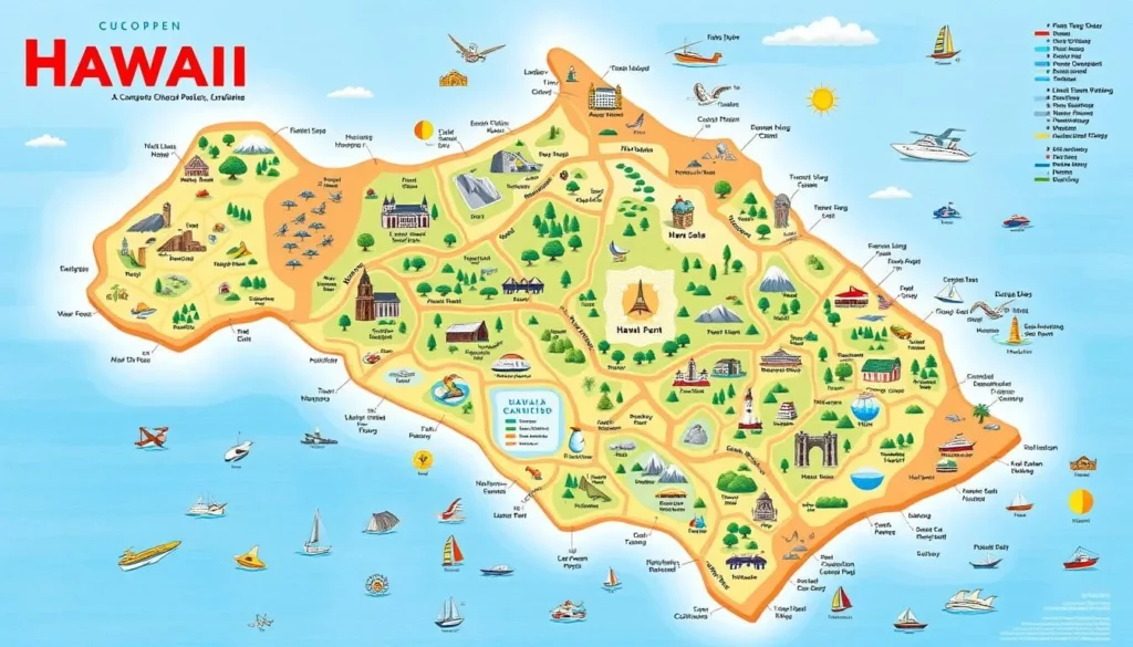 Image of a map of Hawaii with major attractions marked