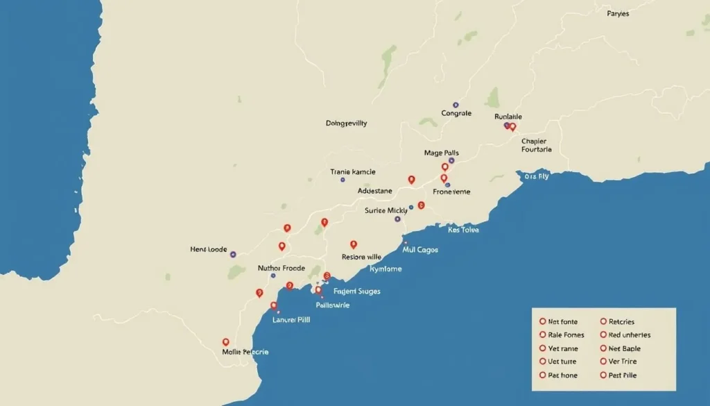 Image of a map of the Rhône Valley with marked wineries