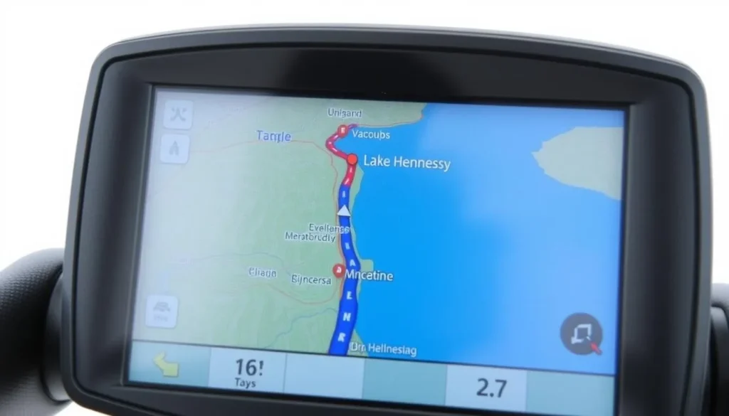 Image of a map or a GPS device showing the directions to Lake Hennessy