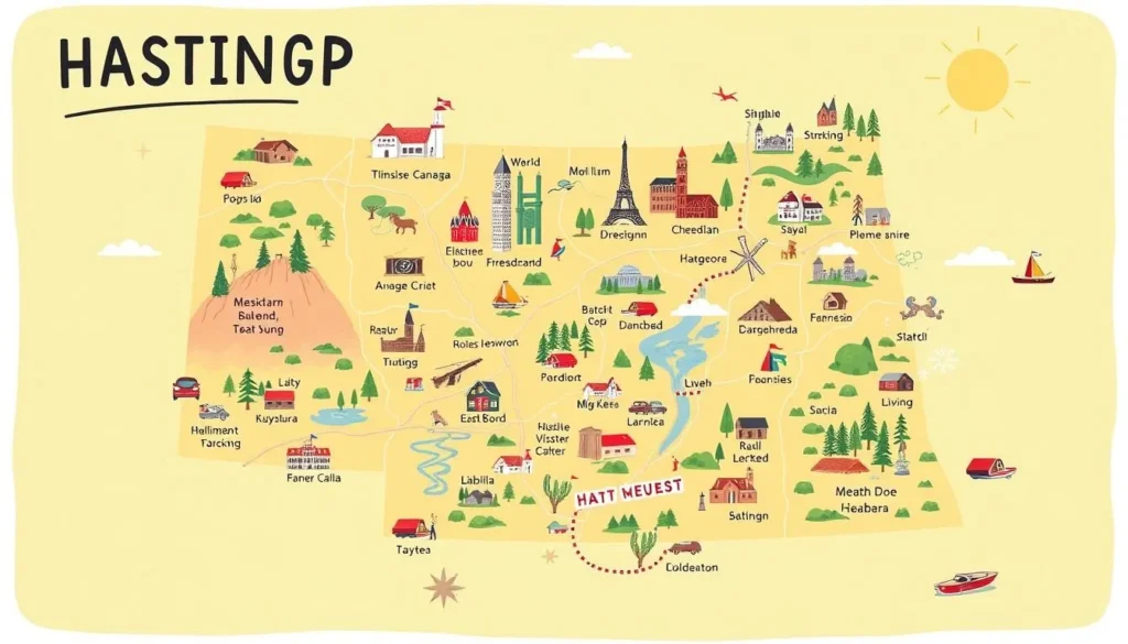 Image of a map showing day trip destinations from Hastings, Nebraska