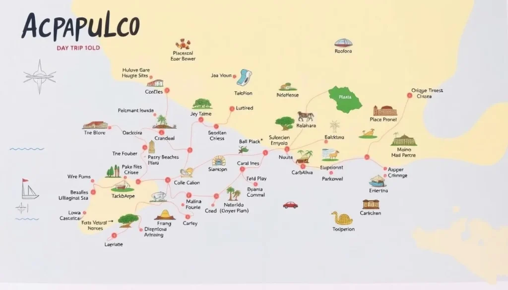 Image of a map showing day trip locations around Acapulco