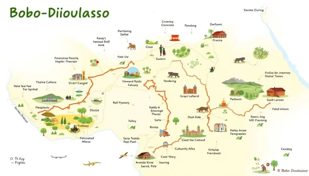 Image of a map showing day trip locations around Bobo-Dioulasso