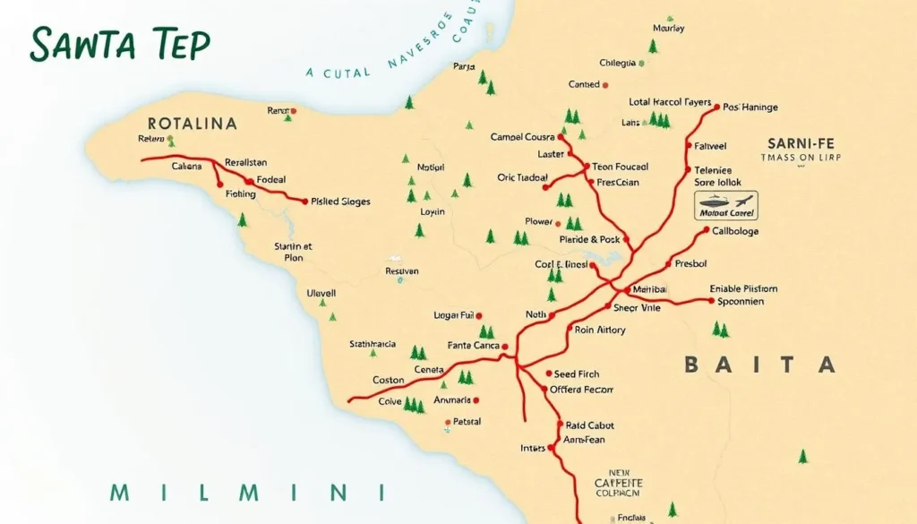 Image of a map showing day trip locations around Santa Fe