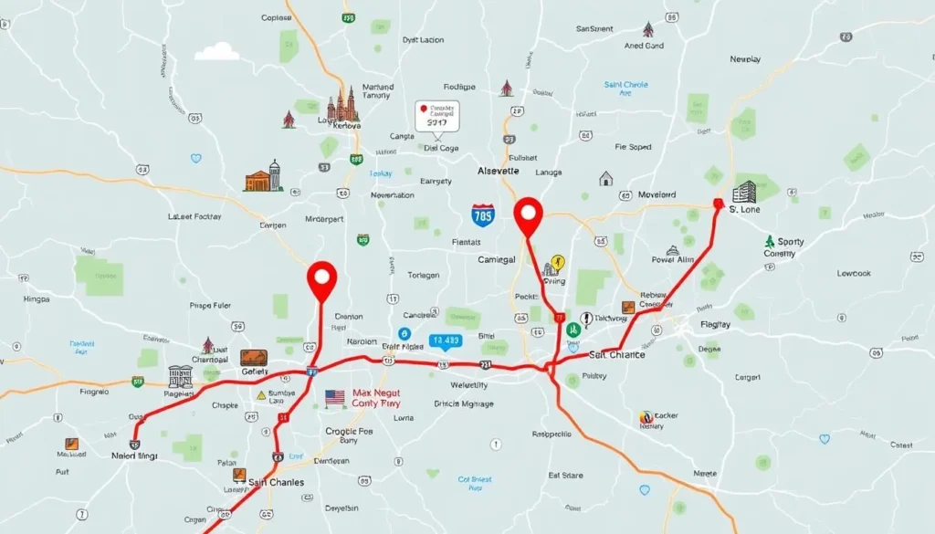 Image of a map showing directions to Saint Charles County from St. Louis