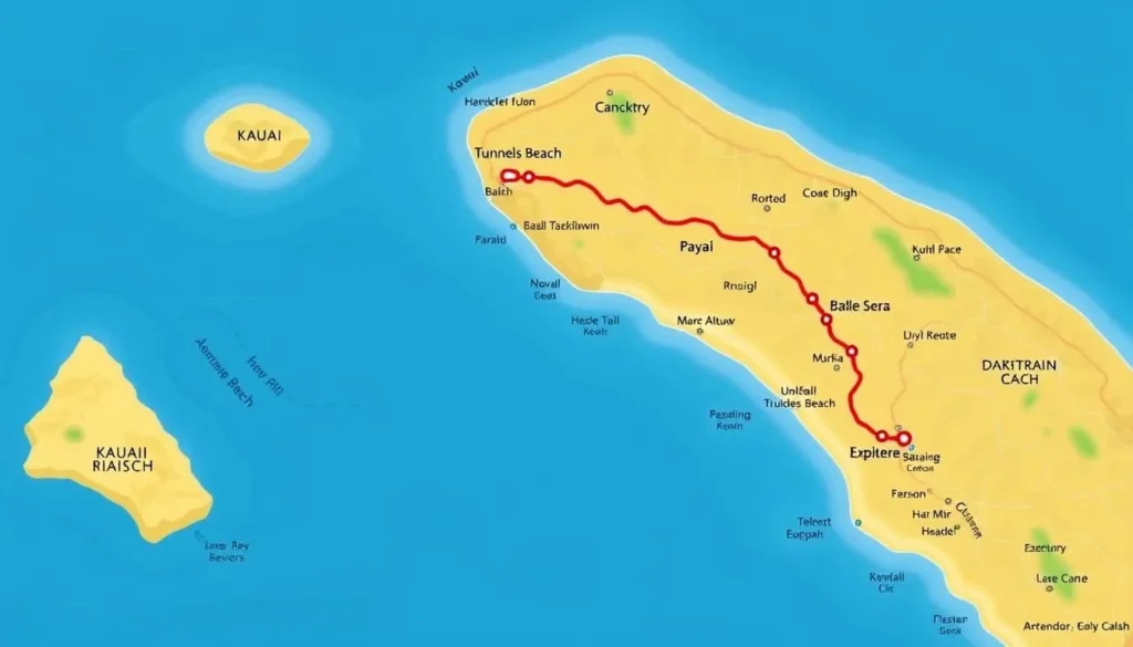 Image of a map showing directions to Tunnels Beach, Kauai