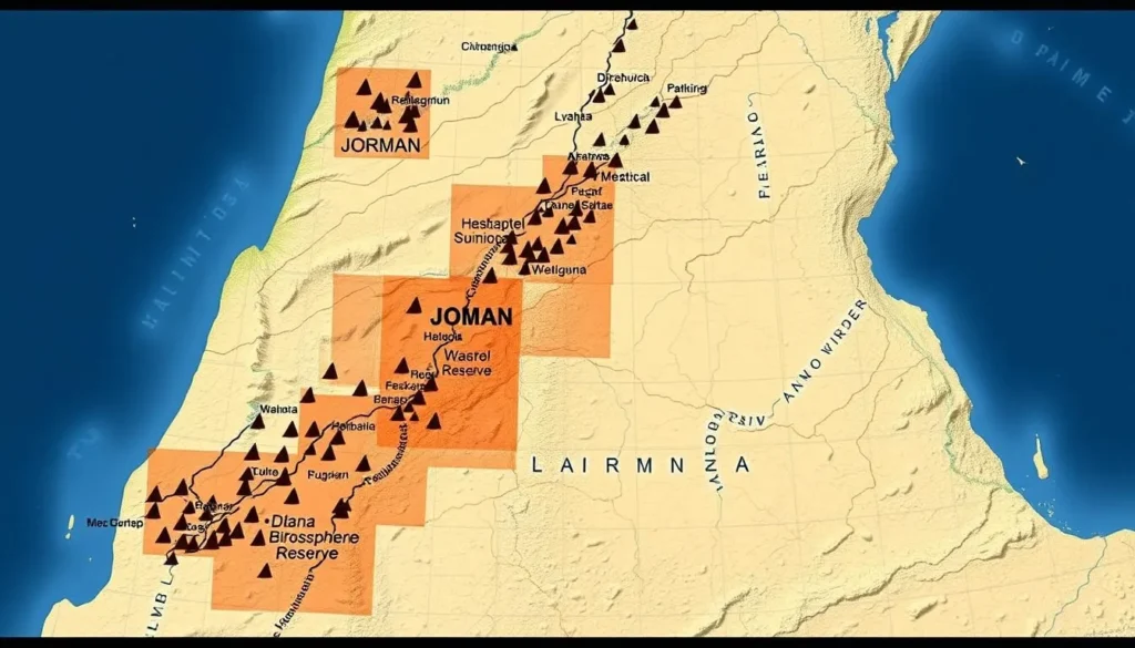 Image of a map showing the location of Dana Biosphere Reserve in relation to major cities in Jordan