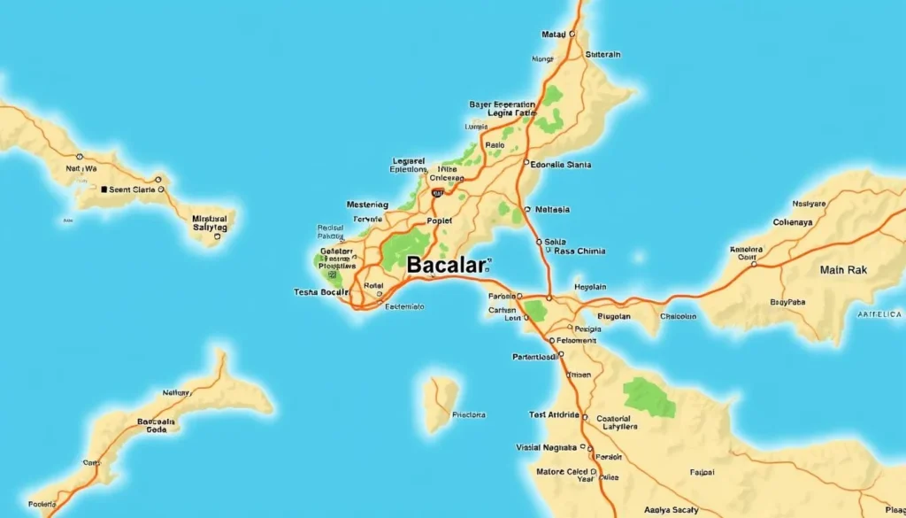 Image of a map showing the location of Laguna Bacalar, Mexico, with major roads and transportation hubs highlighted.