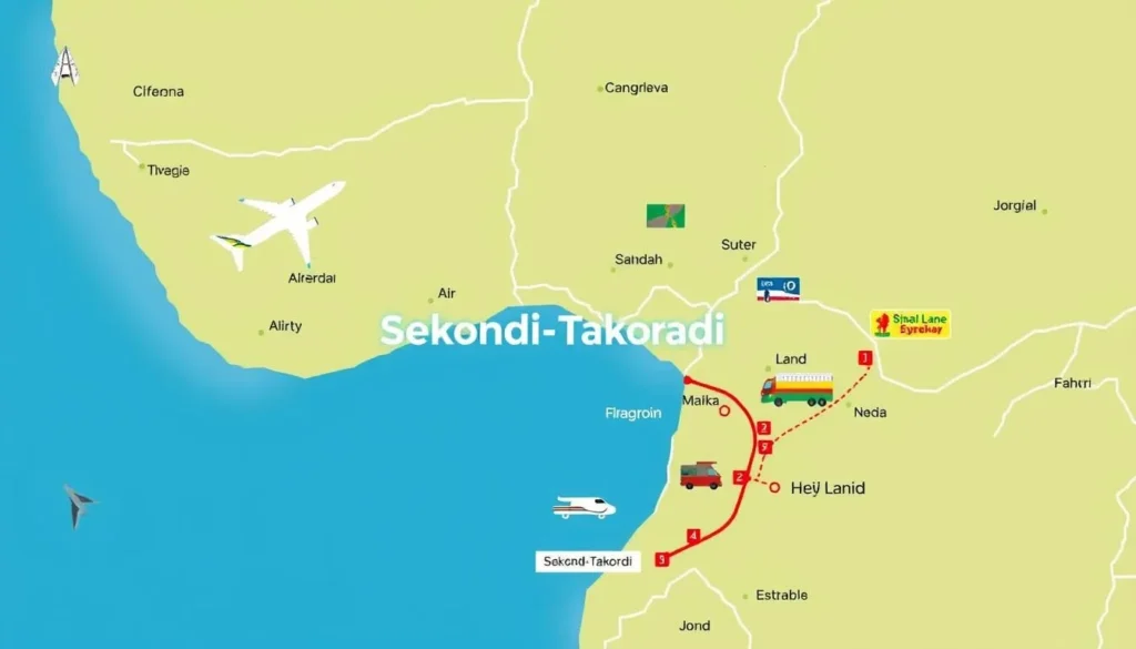 Image of a map showing the location of Sekondi-Takoradi and its accessibility by air, land, and road.