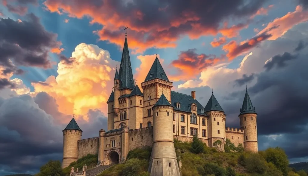 Image of a medieval castle in Alsace, France, with a dramatic sky background