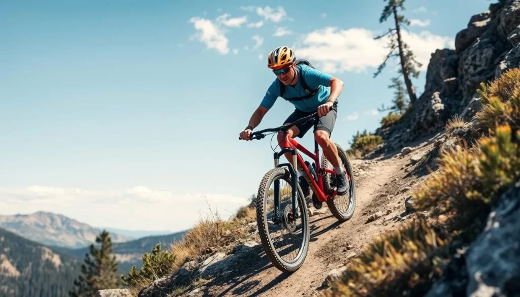 Image of a mountain biker navigating a trail in the Sierra Nevada mountains around Lake Tahoe