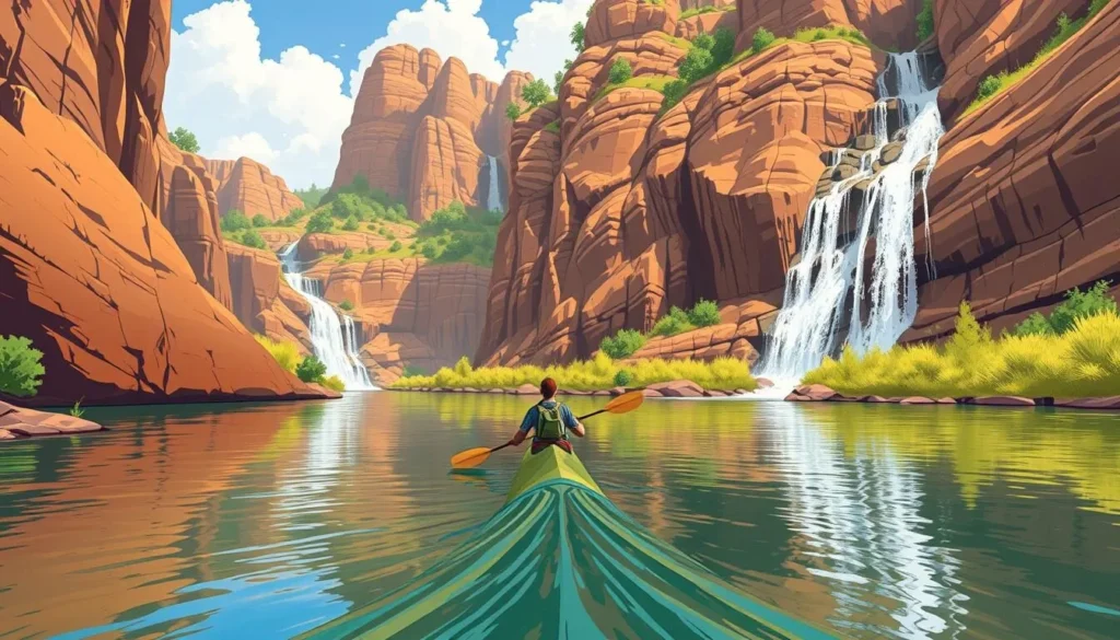 Image of a person canoeing down the Niobrara River, surrounded by rocky bluffs and waterfalls.
