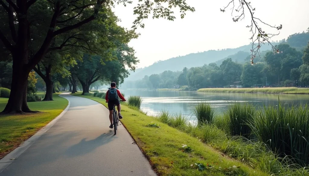 Image of a person cycling along a riverside park in New Taipei City