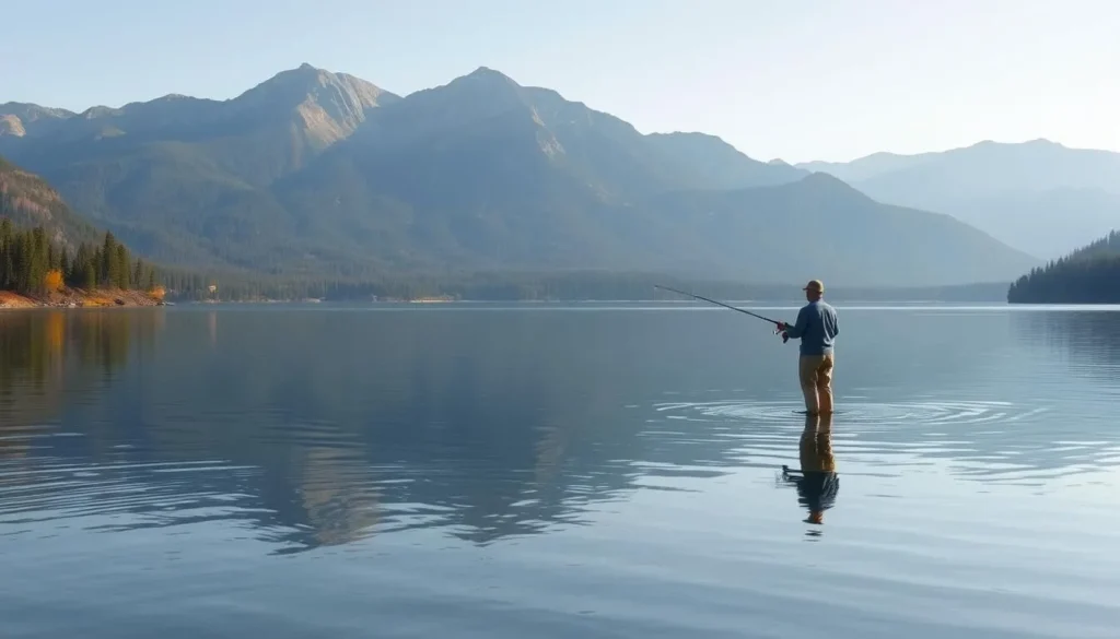 Image of a person fishing on Georgetown Lake with a serene mountain backdrop