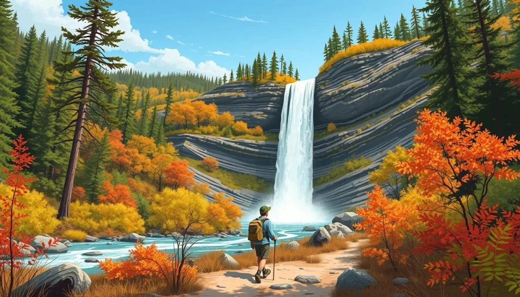 Image of a person hiking to a waterfall at Platte River State Park, with a scenic backdrop.