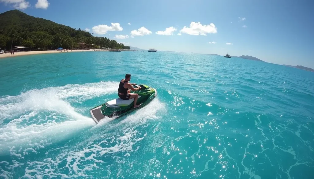 Image of a person jet skiing across San Salvador's crystal-clear waters
