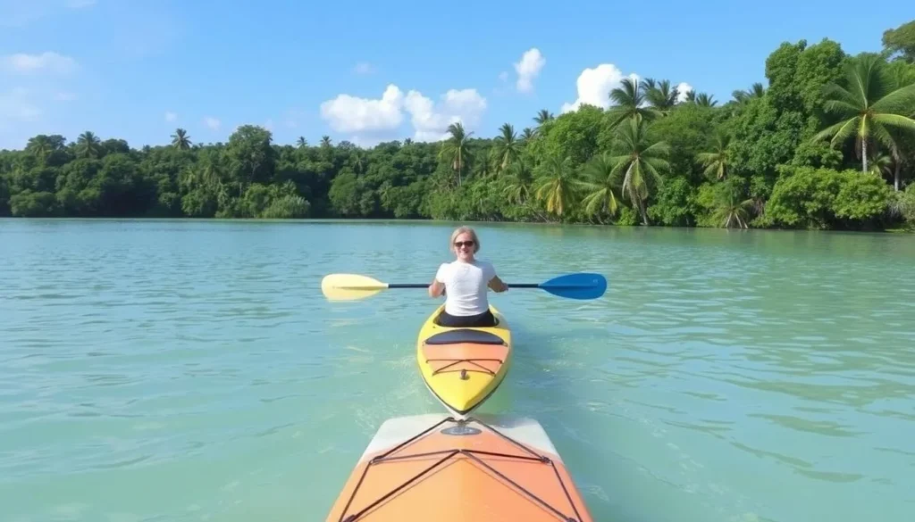 Image of a person kayaking or paddleboarding in the calm waters of Laguna Bacalar