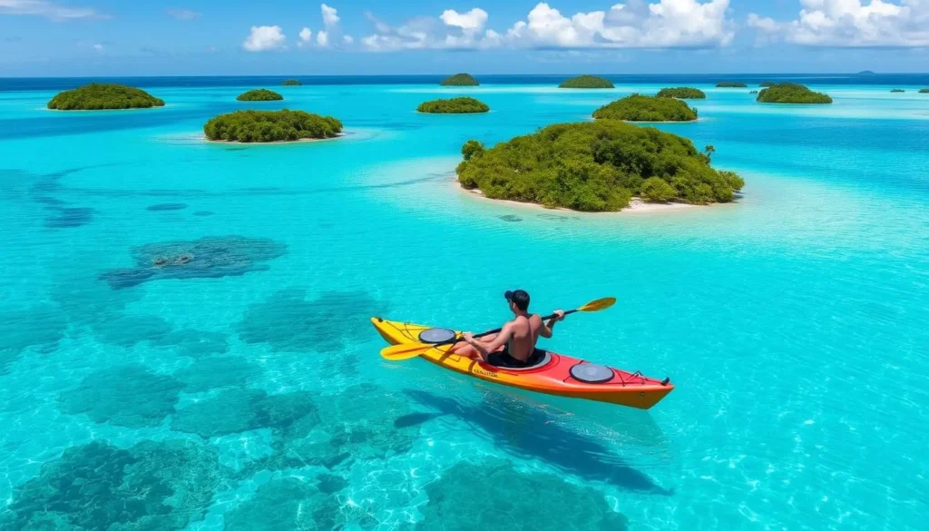 Image of a person kayaking through Tetiaroa's lagoon with crystal-clear waters and surrounding motus