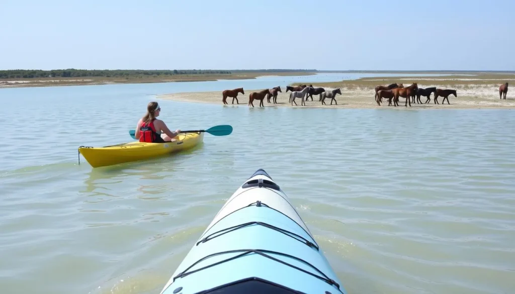 Image of a person kayaking through the calm waters of Shackleford Banks with wild horses in the background.
