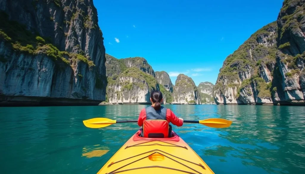 Image of a person kayaking through the limestone karsts in Halong Bay