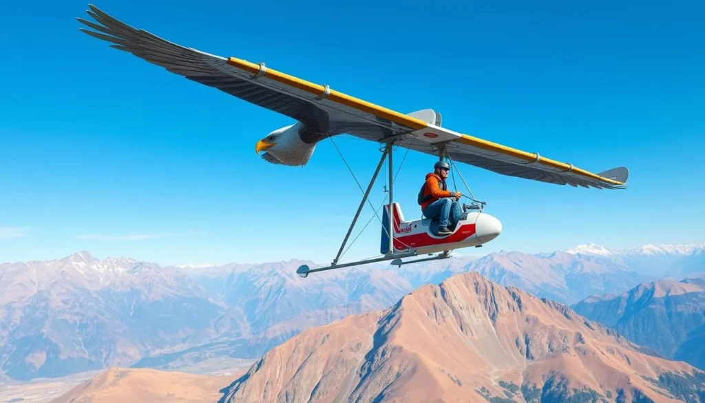 Image of a person on the First Glider with a mechanical eagle, soaring above the mountains