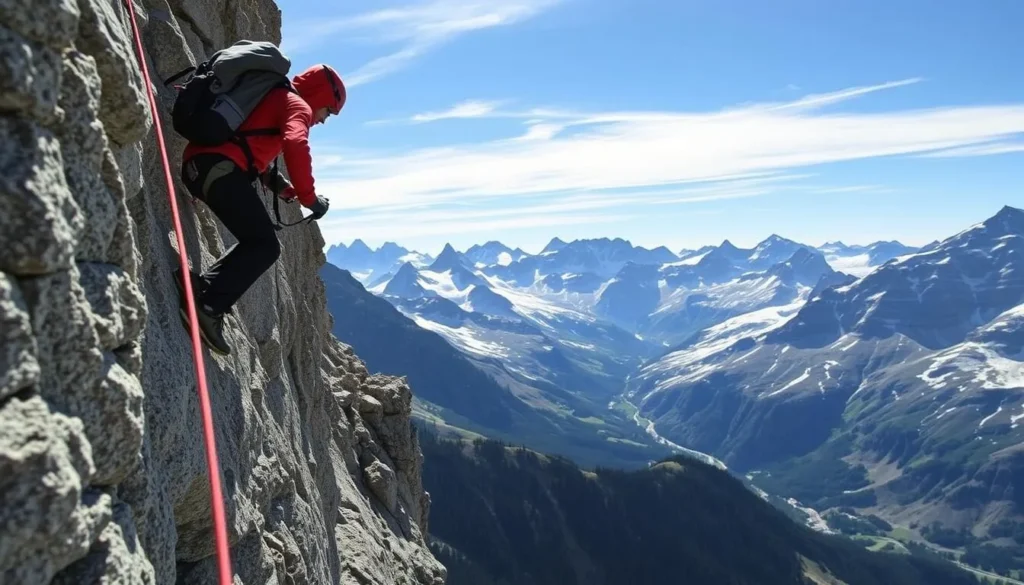 Image of a person on the Murren to Gimmelwald Via Ferrata route with the Swiss Alps in the background.