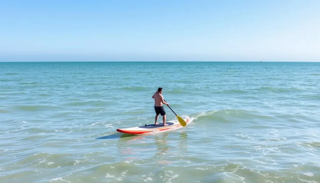 Image of a person paddleboarding in the calm waters of Ocean City, NJ