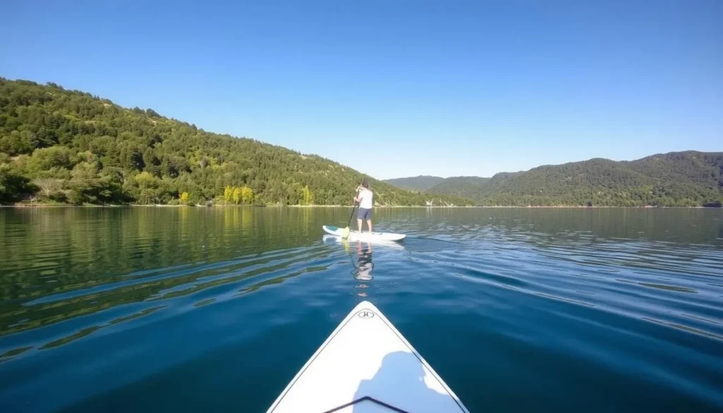 Image of a person paddleboarding on calm waters at Pineview Reservoir