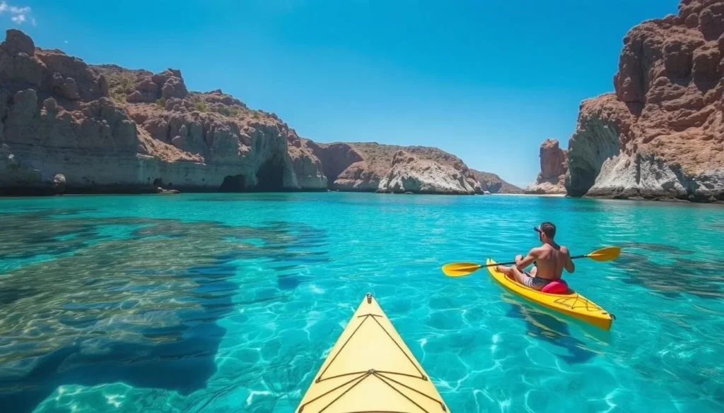 Image of a person paddling a kayak in clear waters near Coral Bay