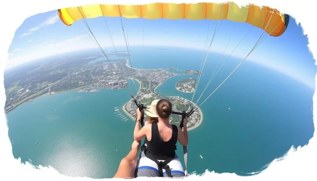 Image of a person parasailing above Put-in-Bay with a beautiful view of the island and Lake Erie