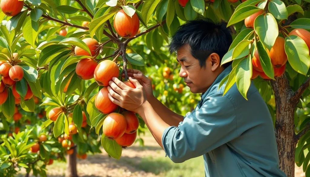 Image of a person picking fresh tropical fruits from a tree in a Can Tho orchard