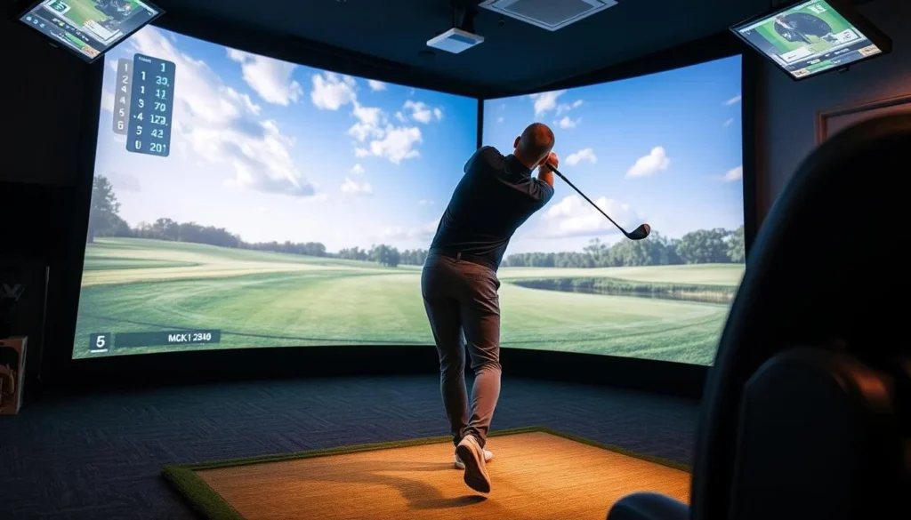 Image of a person playing golf on a simulator
