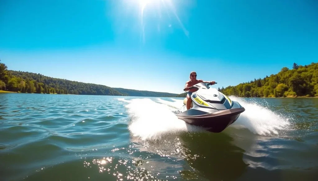 Image of a person riding a jet ski on Rock Lake